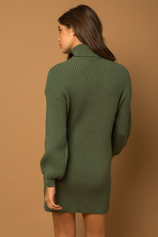 Turtle Neck Balloon Sleeve Sweater Dress