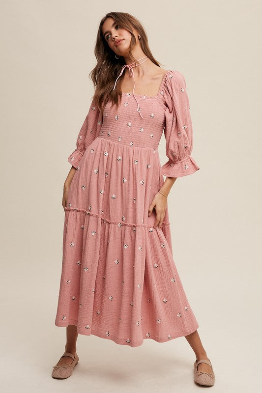 Floral Embroidery Puff Sleeve Maxi Dress