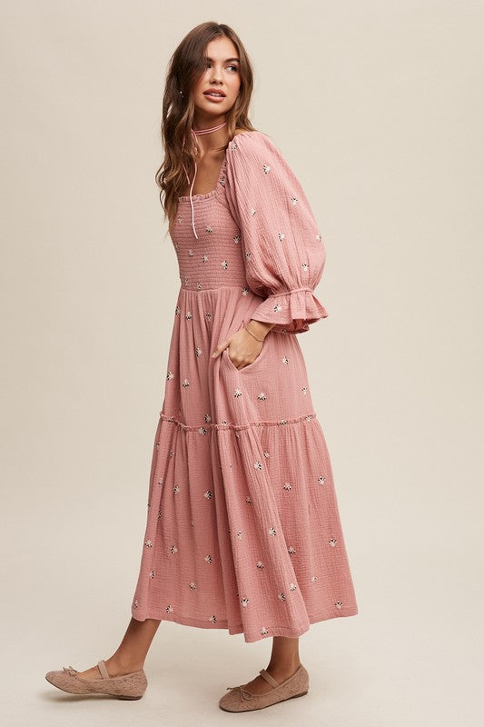 Floral Embroidery Puff Sleeve Maxi Dress