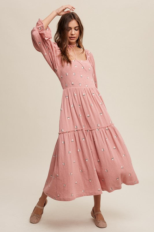 Floral Embroidery Puff Sleeve Maxi Dress