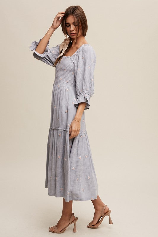 Floral Embroidery Puff Sleeve Maxi Dress