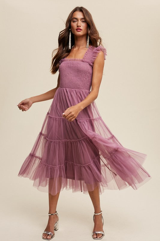 Smocked Ruffle Tiered Mesh Midi Maxi Dress