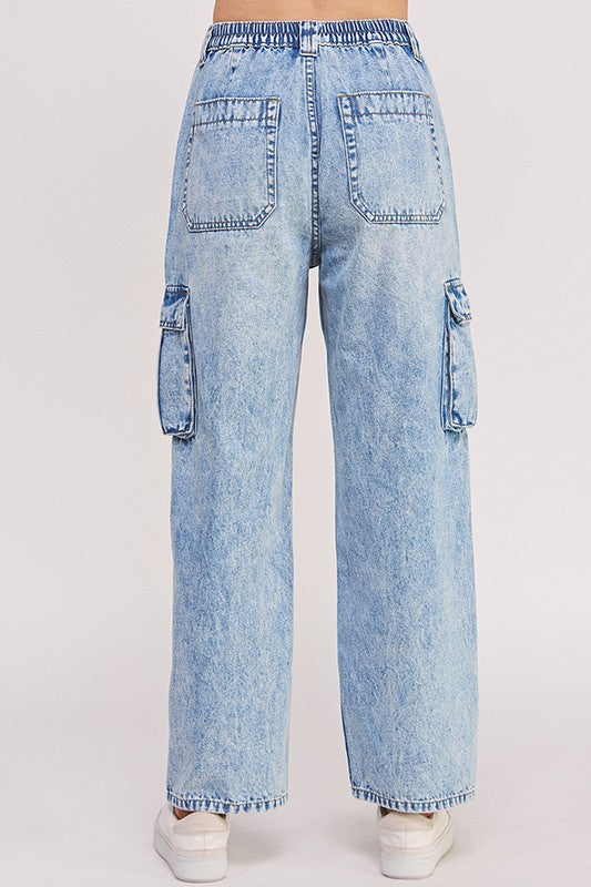 HIGH WAIST BAGGY DENIM CARGO ANKLE LENGTH TROUSERS