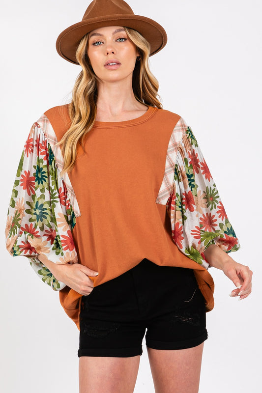 SAGE + FIG Full Size Printed Balloon Sleeve Contrast Top