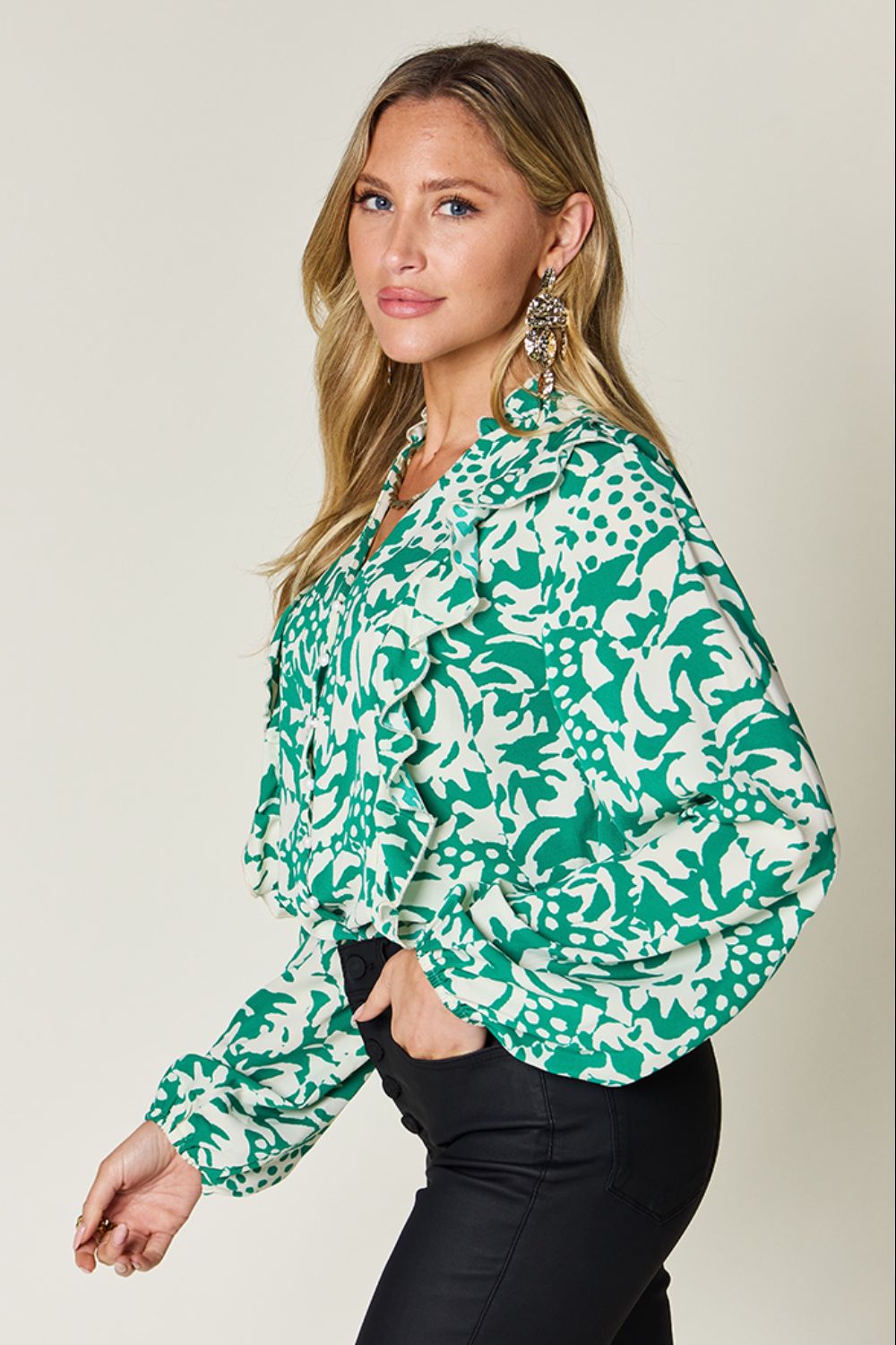 Double Take Full Size Printed Ruffle Trim Balloon Sleeve Shirt