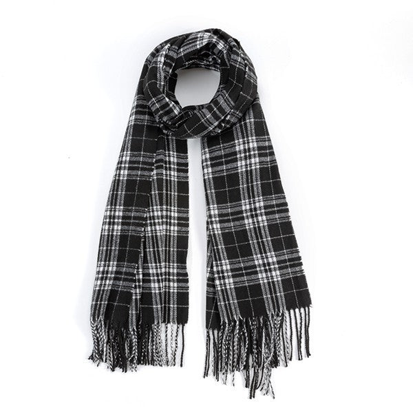 STRIPED PLAID FRINGED SCARF