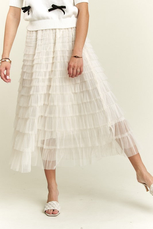 ADORA Elastic Waist Layered Mesh Midi Skirt