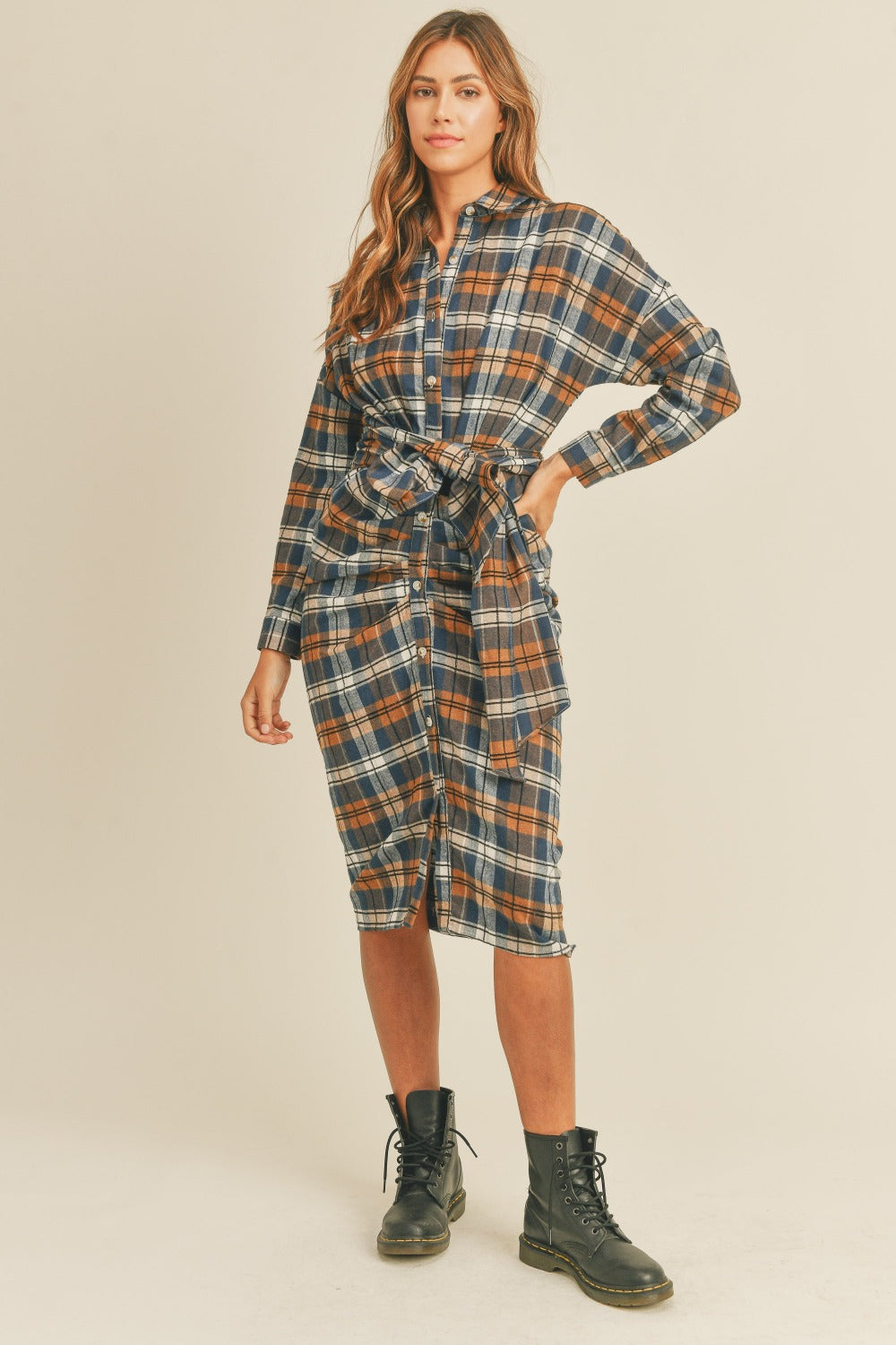 Mable Plaid Flannel Front Tie Button Down Shirt Dress