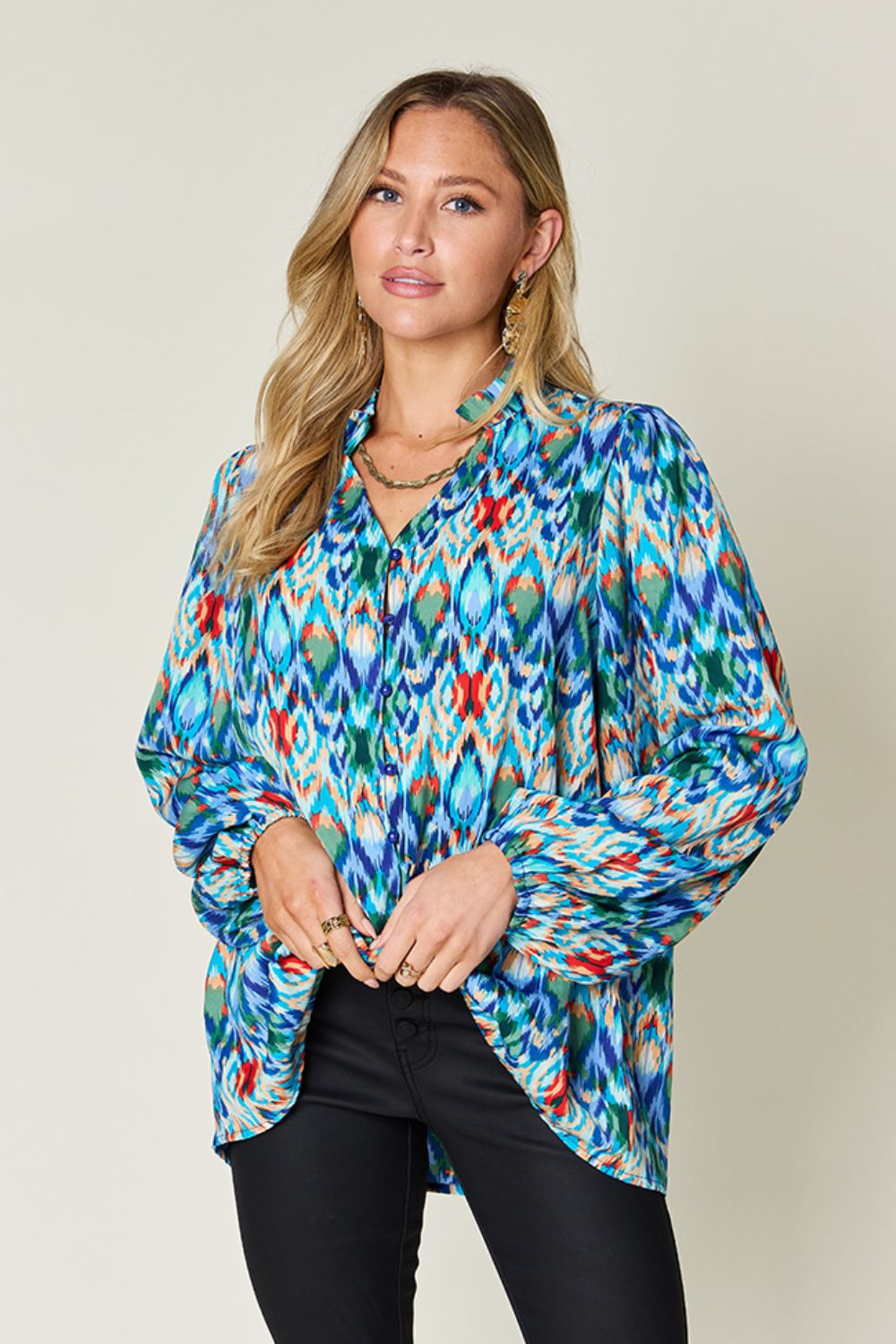 Double Take Full Size Printed Balloon Sleeve Blouse