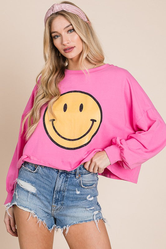 SMILEY FACE LONG SLEEVE CROP TOP