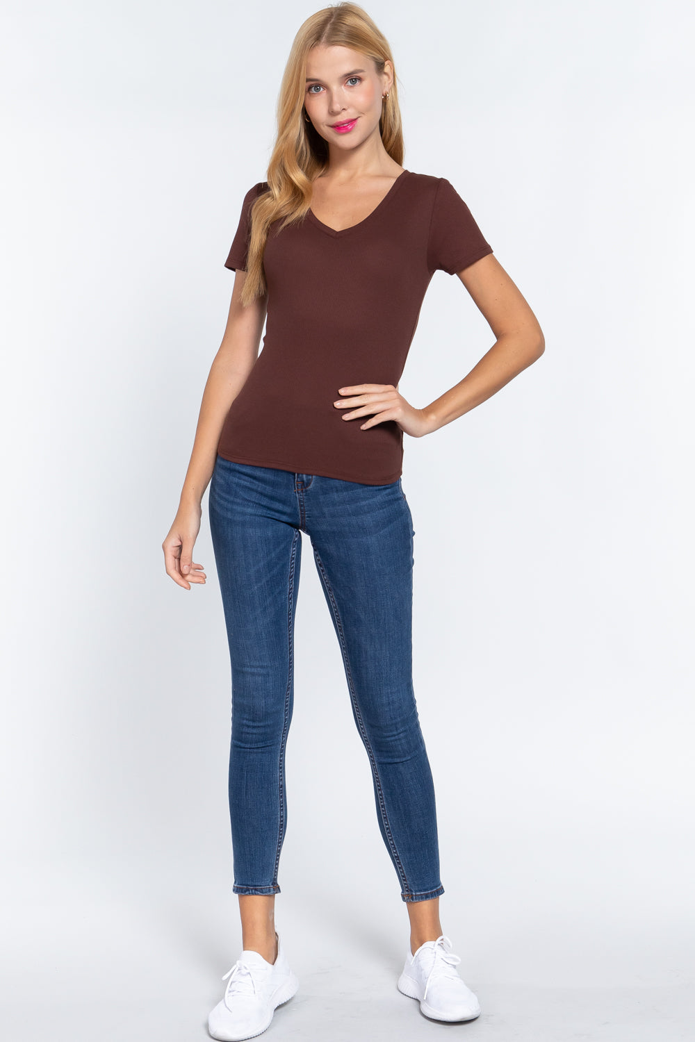 Short Sleeve V-neck Rib Top