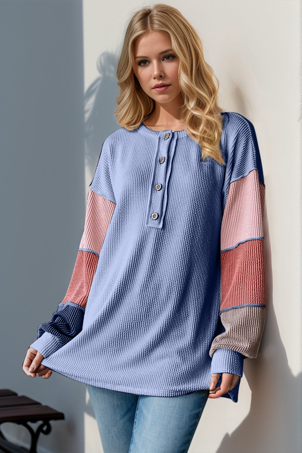 Double Take Full Size Color Block Round Neck Long Sleeve T-Shirt