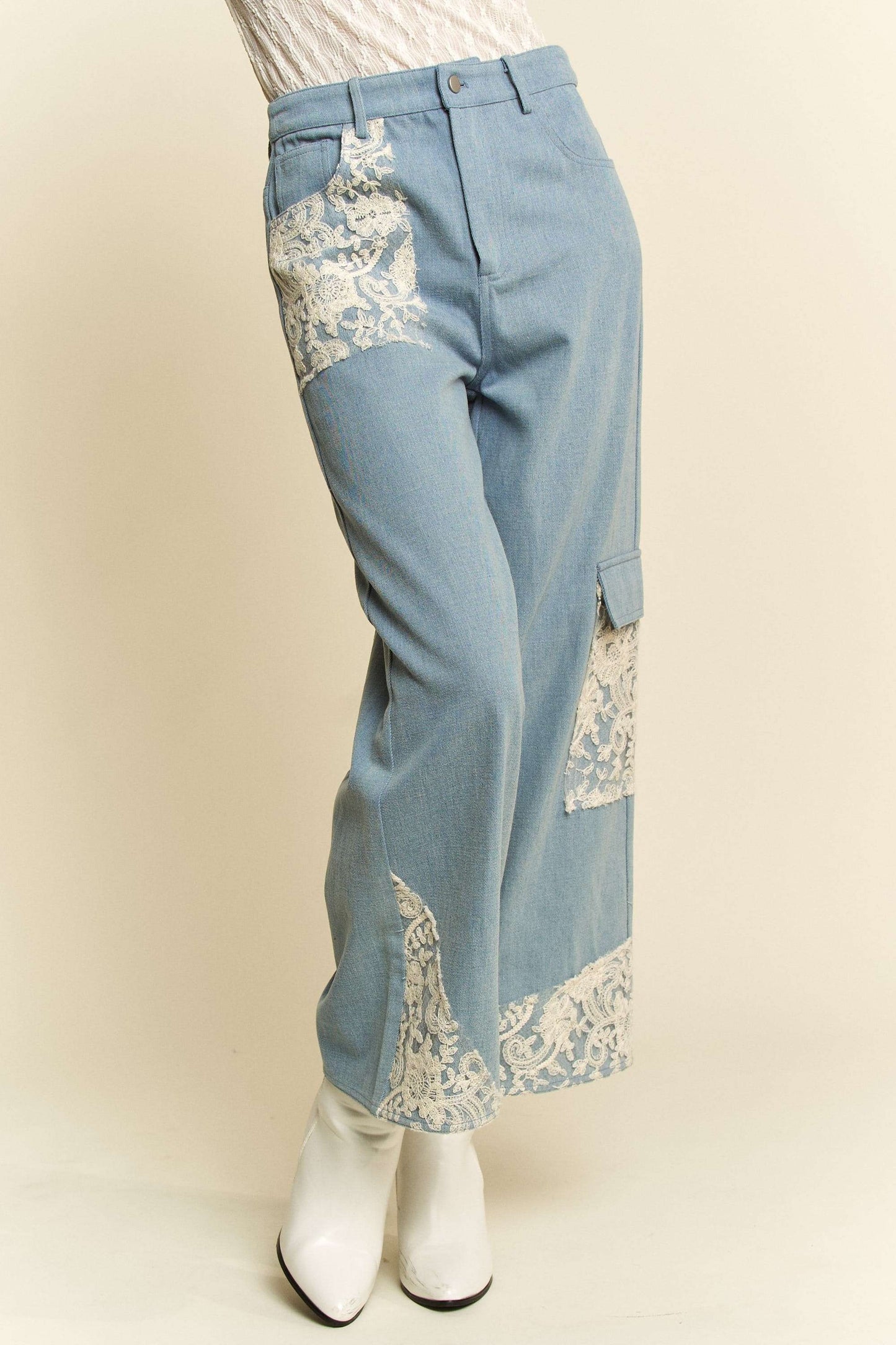 Davi & Dani Lace Applique Wide Leg Jeans