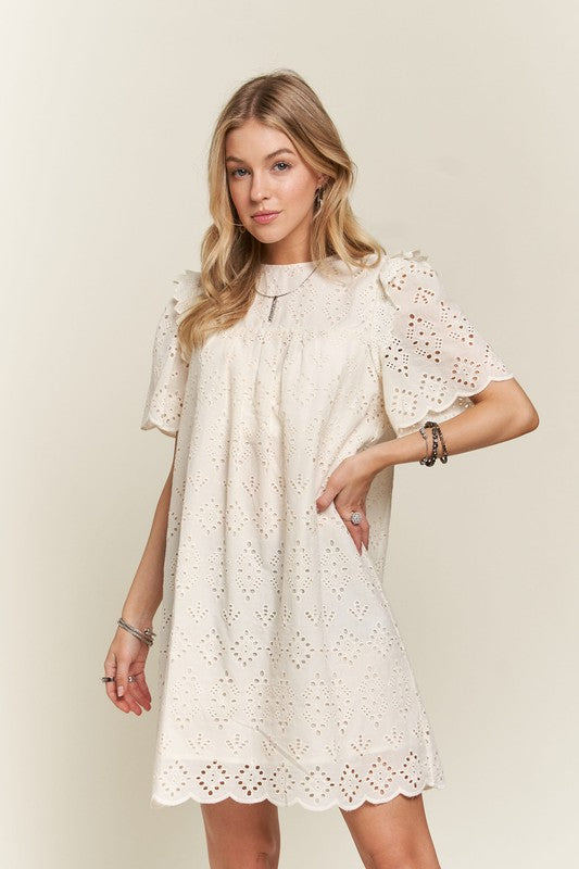 ADORA Ruffled Eyelet Round Neck Dress