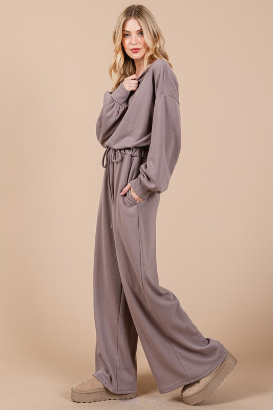 Ces Femme Boat Neck Long Sleeve Drawstring Jumpsuit