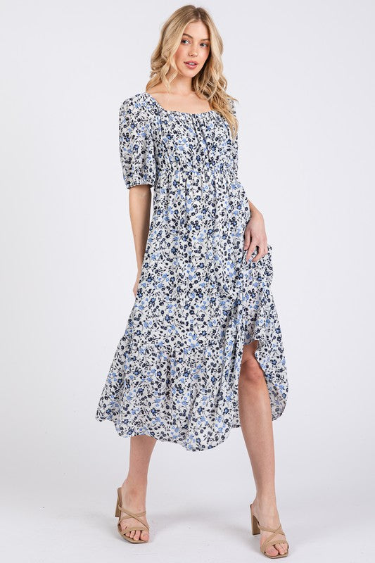 Ces Femme Floral Square Neck Puff Sleeve Midi Dress