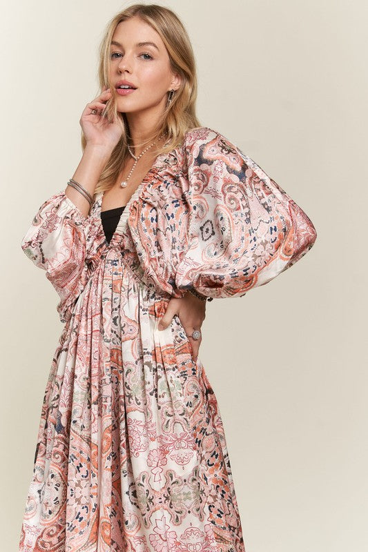 ADORA Printed V-Neck Batwing Sleeve Dress