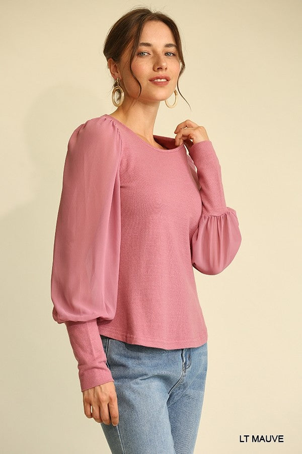 Solid Knit And Chiffon Mixed Top With Puff Long Sleeve